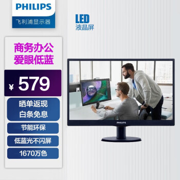 PHILIPS 飞利浦 18.5英寸 LED液晶显示屏 爱眼低蓝光 DVI+VGA双接口 可壁挂 家用办公 电脑显示器 193V5LSB25