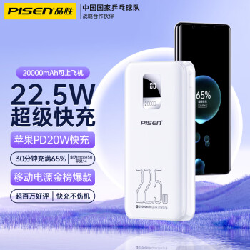 PISEN 品胜 PD262 移动电源 白色 20000mAh Type-C/Micro-USB 22.5W 双向快充