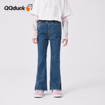 QQ duck 可可鸭 童装儿童牛仔裤女童喇叭裤大童休闲裤子甜美微喇裤蓝色；150