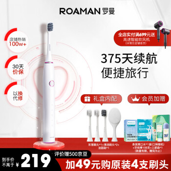 ROAMAN 羅曼 智能聲波電動牙刷情侶款生日禮物 5種模式牙醫(yī)推薦 網(wǎng)紅小果刷1年續(xù)航 少女白桃款