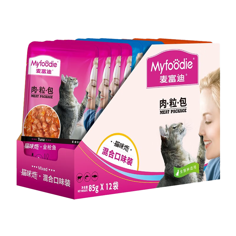 Myfoodie 麥富迪 貓零食 貓咪濕糧肉粒包 貓咪戀混合裝85g*12 14.93元（29.85元/2件）