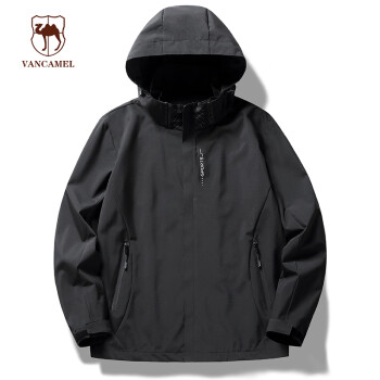 VANCAMEL 西域駱駝 男士沖鋒衣春秋連帽外套運(yùn)動戶外情侶登山服夾克 男黑色 5XL