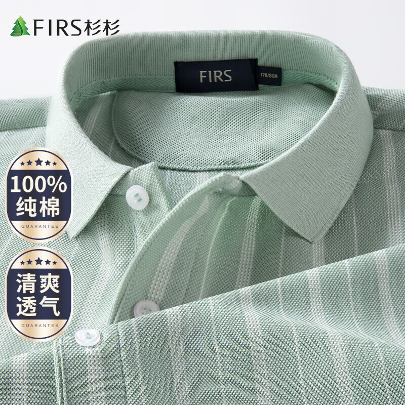 FIRS 杉杉 短袖T恤男夏季新款休闲条纹上衣中年亲肤透气polo半袖男 灰绿 XL(180/96A) 券后59元