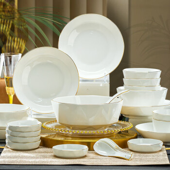 洛威 家用现代简约碗碟餐具套装陶瓷碗盘轻奢金边组合白钻石系列28头