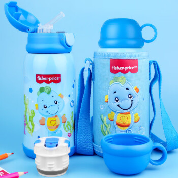 Fisher-Price 兒童保溫水杯 316雙蓋寶防漏防摔吸管杯男女學生戶外水壺600ML 藍色