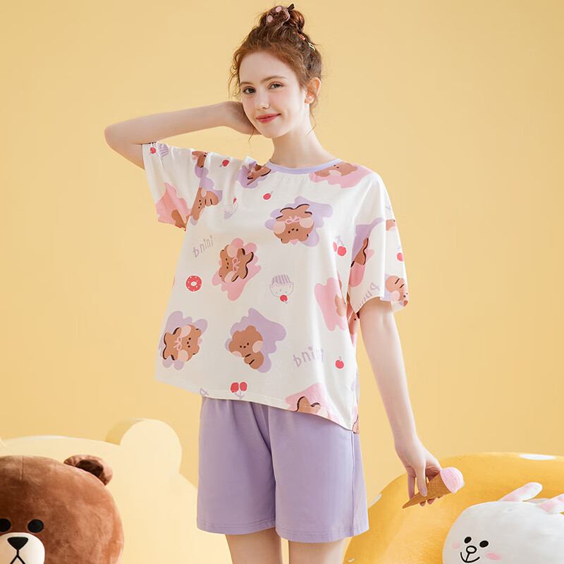 Plus:芬腾睡衣女【布朗熊IP】夏季薄款撞色圆领落肩短袖外穿家居服套装 香芋紫 L（两件可选） 58.26元
