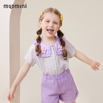 MQDMINI 童装儿童短袖衬衫女童上衣中小童夏季薄款外出服 格纹紫色 120