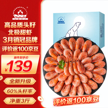 仁豪水产 头籽北极甜虾净重1.5kg（MSC认证）90-120只/kg 60%头籽率 即食