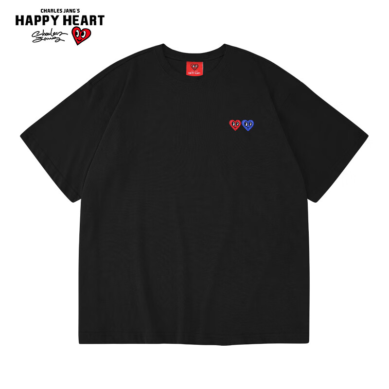 CHARLES JANG'S HAPPY HEART 查尔斯桃心 夏季纯棉桃心LOGO刺绣基础简约圆领短袖T恤男女同款 黑色 XL 券后69.9元