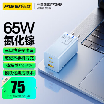 PISEN 品胜 65W氮化镓充电器多口TypeC/USB插头适用pd快充苹果15手机iPad/macbook