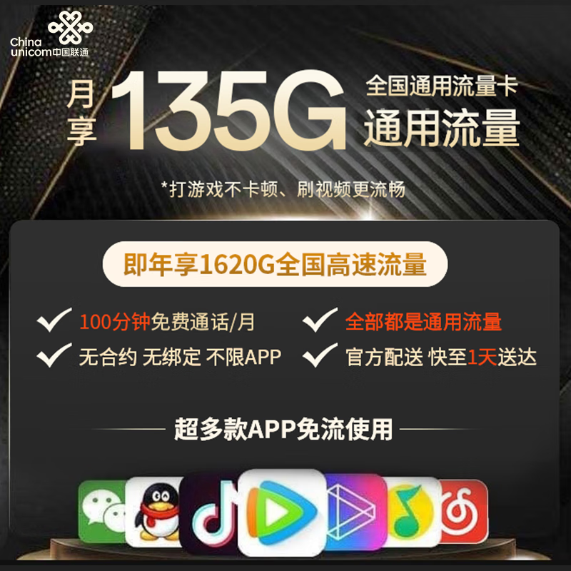 中国联通 长期大王卡 29/月（135G通用流量+100分钟国内通话） 0.01元