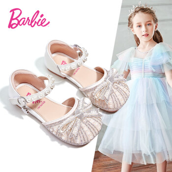Barbie 芭比 小皮鞋女童公主鞋夏季水晶鞋儿童皮鞋小童软底 DA5909 米白 31码