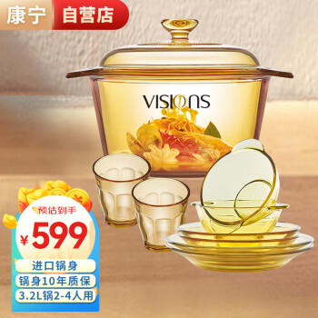 VISIONS 康宁 3.2L汤锅耐热玻璃炖锅+百丽餐具8件组盘子碗碟套装 锅具套装家用