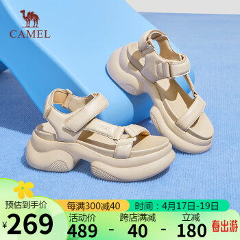 CAMEL 骆驼 休闲凉鞋女舒适羊皮松糕厚底魔术贴凉鞋 L24M577653 杏色 40