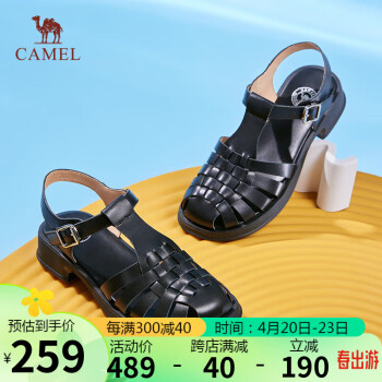 CAMEL 骆驼 罗马鞋女文艺风牛皮编织丁字搭扣粗跟凉鞋 L24M153671 黑色 40