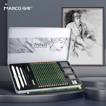 MARCO 马可 特浓炭黑素描铅笔 大师系列专业美术2B/4B/6B/16支炭铅笔绘图25件套绘画工330225C