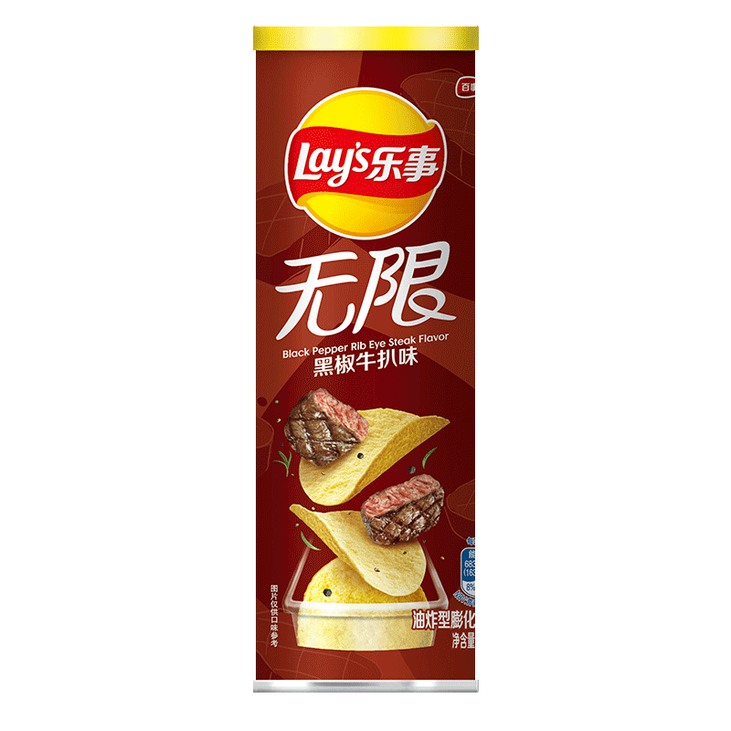 限地区、plus会员：乐事（Lays）无限薯片 零食 休闲食品 黑椒牛扒味104g罐装*3件 13.64元包邮、折4.55元每件