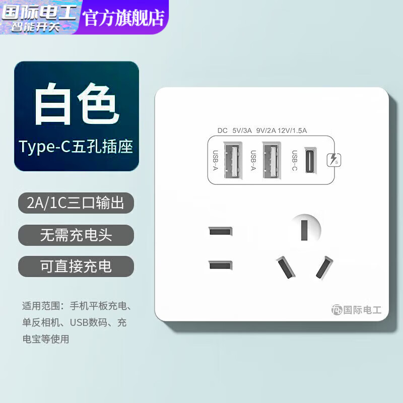 fdd 国际电工 双USB插座面板 五孔2.1A双USB+type-c 9.08元