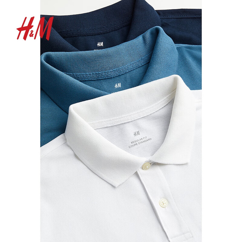 H&M 男装Polo衫3件装秋季职场通勤休闲运动商务上衣0961943 白色/海军蓝 150元