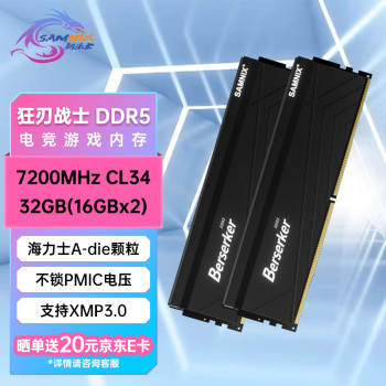 SK hynix 海力士 SAMNIX 新乐士 Berserker 狂刃战士系列 DDR5 7200Mhz 台式机内存 马甲条 黑色 32GB 16GB