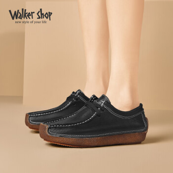 Walker Shop 奥卡索 女鞋平底孕妇单鞋磨砂牛皮蜗牛鞋舒适妈妈休闲豆豆鞋 M012001 黑色37码