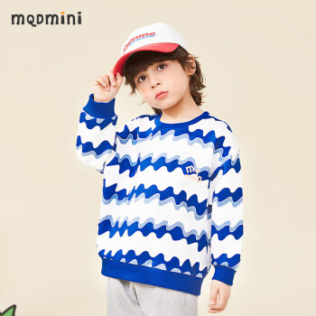 MQDMINI 童装儿童卫衣男童长袖上衣中小童条纹套头外出服 水波纹蓝条 90