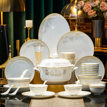万享 餐具整套碗碟陶瓷套装家用碗筷盘碟子组合日照金山86件套12人食