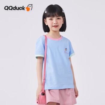 QQ duck 可可鸭 童装儿童短袖女童T恤休闲夏装学生青少年衣服简约T浅蓝；150