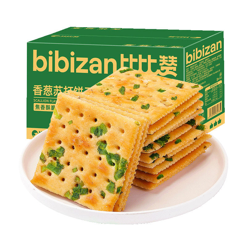 需首购、PLuS会员:比比赞（BIBIZAN）香葱苏打饼干整箱998g加赠2g发1kg 6.8元包邮