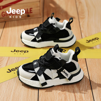 Jeep 吉普 儿童运动鞋2024春季男童6-12岁网面透气休闲童鞋 黑色33 33（适合脚长19.6cm）