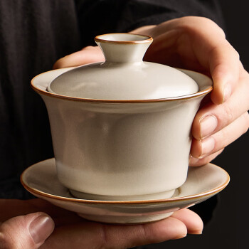 八千行 汝窑三才盖碗茶具陶瓷茶杯三件套装开片可养功夫泡茶碗