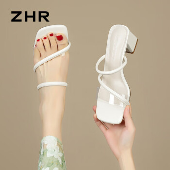 ZHR 拖鞋女夏季粗高跟方头透明一字带露趾气质百搭女鞋 Y779 米色 36