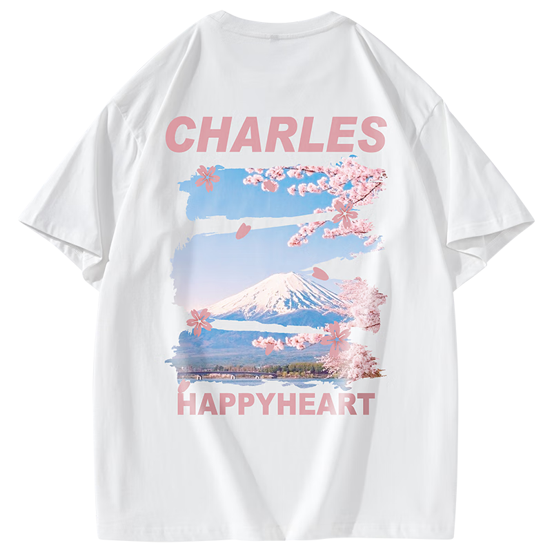 PLUS会员:查尔斯桃心夏季纯棉富士山短袖T恤男女同款 白色  68.51元