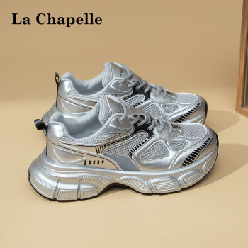La Chapelle 女鞋银色老爹鞋子女夏季百搭网面透气休闲鞋厚底运动鞋 银色 36
