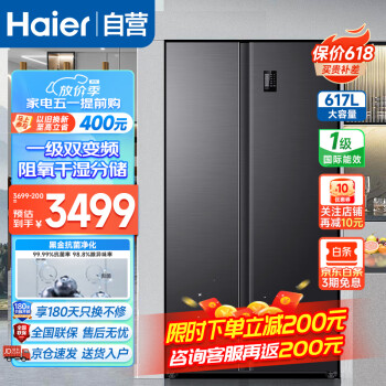 Haier 海尔 冰箱617升双开门对开门一级能效变频风冷无霜节能保鲜黑金净化