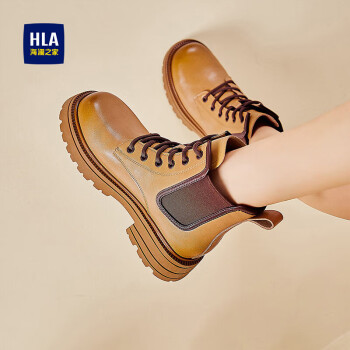 HLA 海澜之家 女鞋时尚小短靴马丁靴女厚底骑士靴HDAXZW4ACR024 米色35