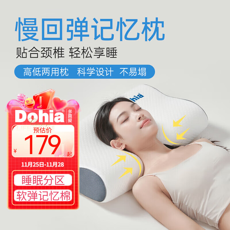 Dohia 多喜爱 慢回弹记忆棉枕头 深度睡眠分区成人颈椎枕芯60*40cm单只 76.3元