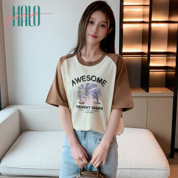 Halo Queen 短袖T恤女夏季韩版植物印花半袖女装潮流上衣女H143T1412