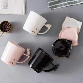IJARL 亿嘉 陶瓷浮雕创意马克杯办公室 咖啡杯情侣杯茶杯 带盖猫咪杯黑色