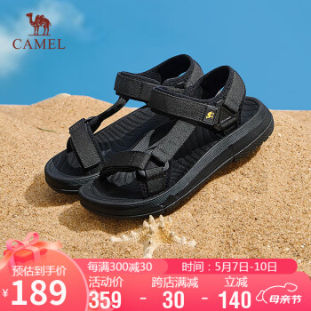 CAMEL 骆驼 沙滩鞋女夏日织物三角搭扣魔术贴厚底凉鞋 L23M162099 黑色 39
