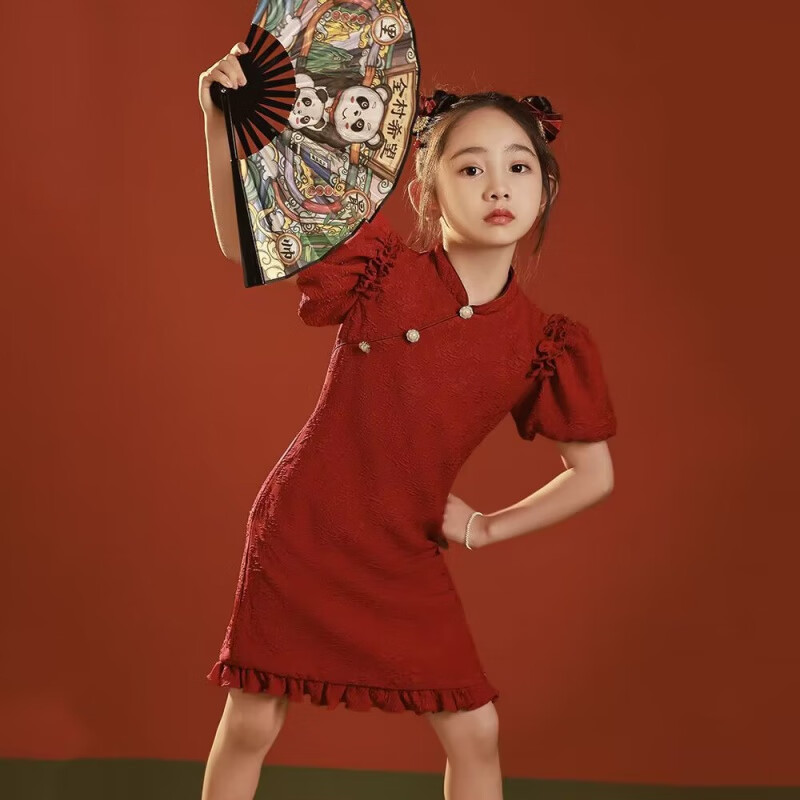 WEIMIYA 薇靡雅 女童旗袍夏装复古公主裙新款中国风红色儿童连衣裙 红色 170cm 券后49.8元