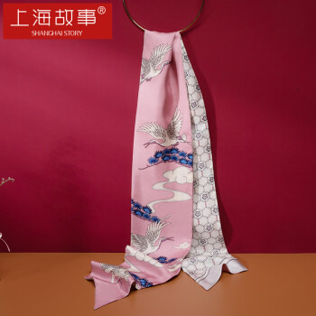 上海故事 真丝丝巾女士100%桑蚕丝双层双面飘带春小围巾送人礼物 粉白
