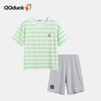 QQ duck 可可鸭 童装儿童睡衣夏季男童家居服套学生居家衣服涂鸦条纹灰色；165