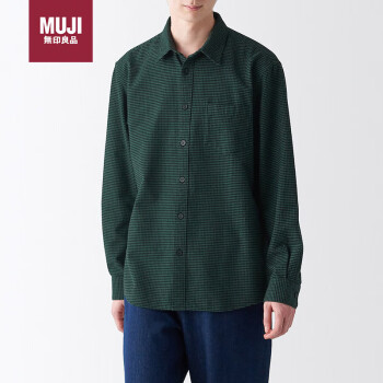 MUJI 無印良品 无印良品（MUJI）男式 法兰绒 长袖衬衫 休闲百搭衬衫 绿色格纹