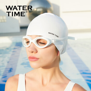 WATERTIME 蛙咚 水川 泳镜泳帽防雾游泳镜男女防水大框游泳眼镜硅胶泳帽套装 白