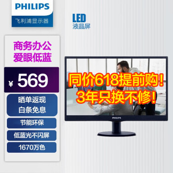 PHILIPS 飞利浦 19.5英寸 LED液晶显示屏 爱眼低蓝光 VGA接口 可壁挂 办公娱乐 电脑显示器 203V5LSB2