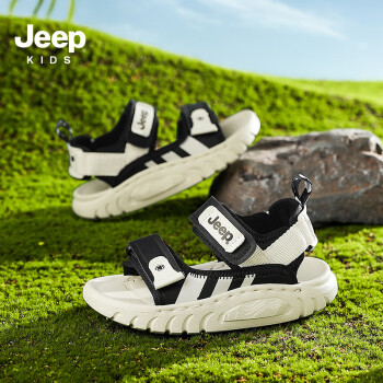 Jeep 吉普 男童凉鞋儿童运动夏款夏季中大童软底防滑沙滩鞋 米黑35