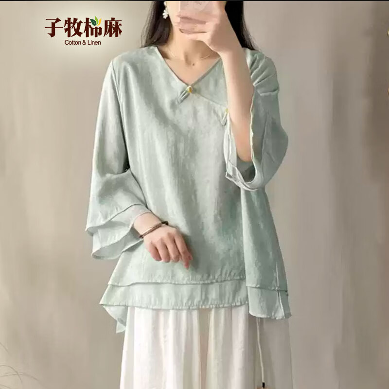 子牧棉麻 女士中国风衬衫 Z24CA001157 59元包邮（需用劵）