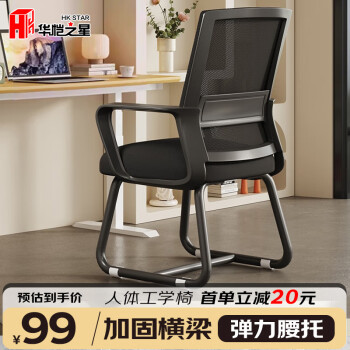 HK STAR 华恺之星 电脑椅 椅子家用 办公椅弓形椅人体工学椅 BG162黑框黑网海绵款