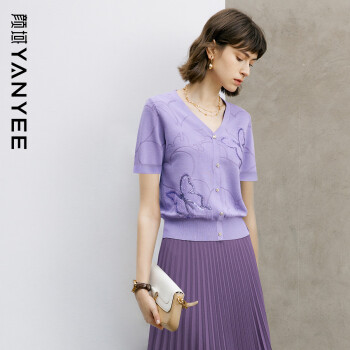 YANYEE 颜域 气质时尚针织衫上衣女2024夏装优雅短袖V领短款外套 紫色 M/38
